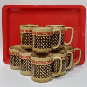(11pc) 9 Glazed Stoneware 8oz Nestlé RICH 'N CREAMY HOT COCOA Mugs & 2 Red Trays